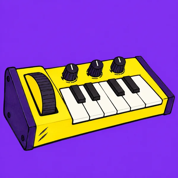 A hand-drawn yellow synthesizer with purple end cheeks, a large pitch wheel, three knobs, and a short row of white and black keys sits diagonally against a…