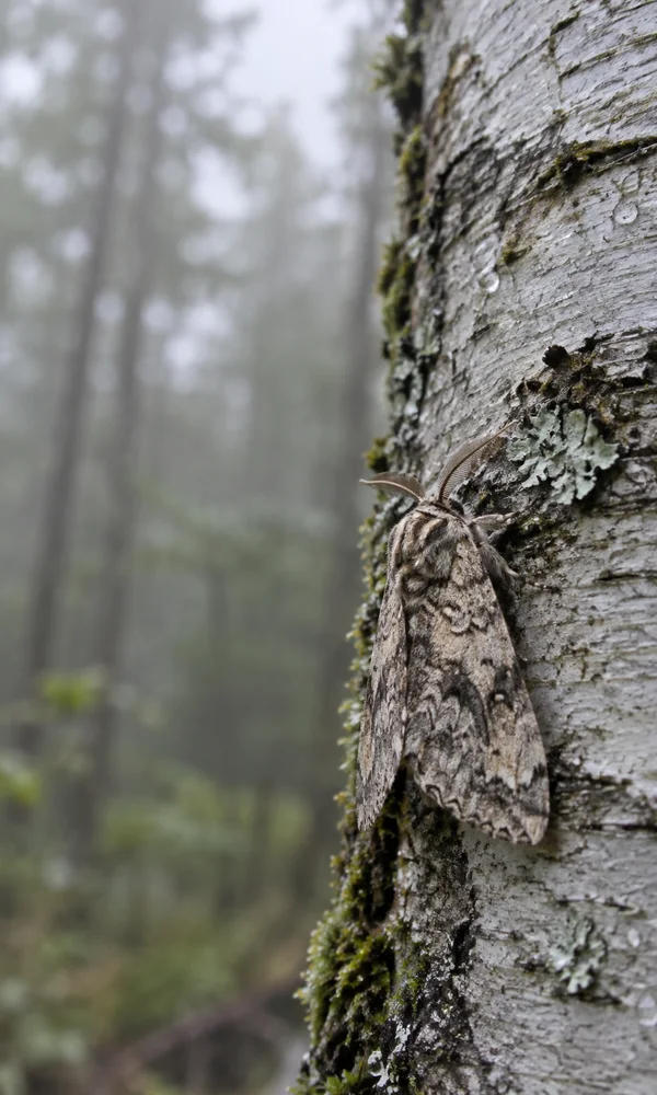 A mottled brown moth with folded wings and feathery antennae clings to a lichen-covered birch trunk, with a softly blurred woodland behind it.