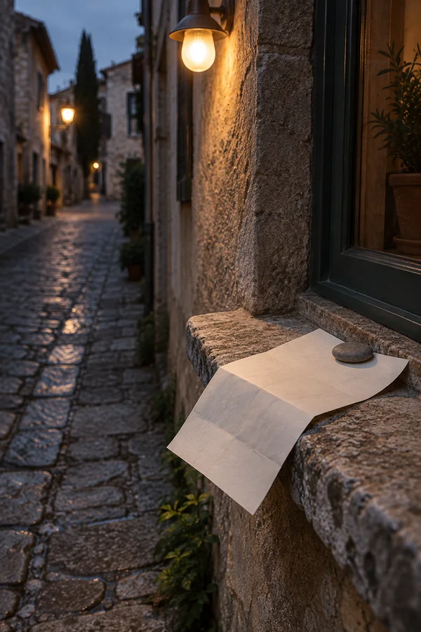 A blank cream sheet of paper, held by a smooth grey pebble, hangs over a weathered stone windowsill beside a warm bulb-lit window; a cobbled alley recedes into…