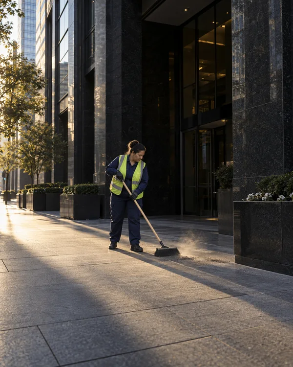 A woman in navy work clothes, a lime reflective vest and gloves sweeps a paved sidewalk outside a dark glass-and-stone office building, with low golden…
