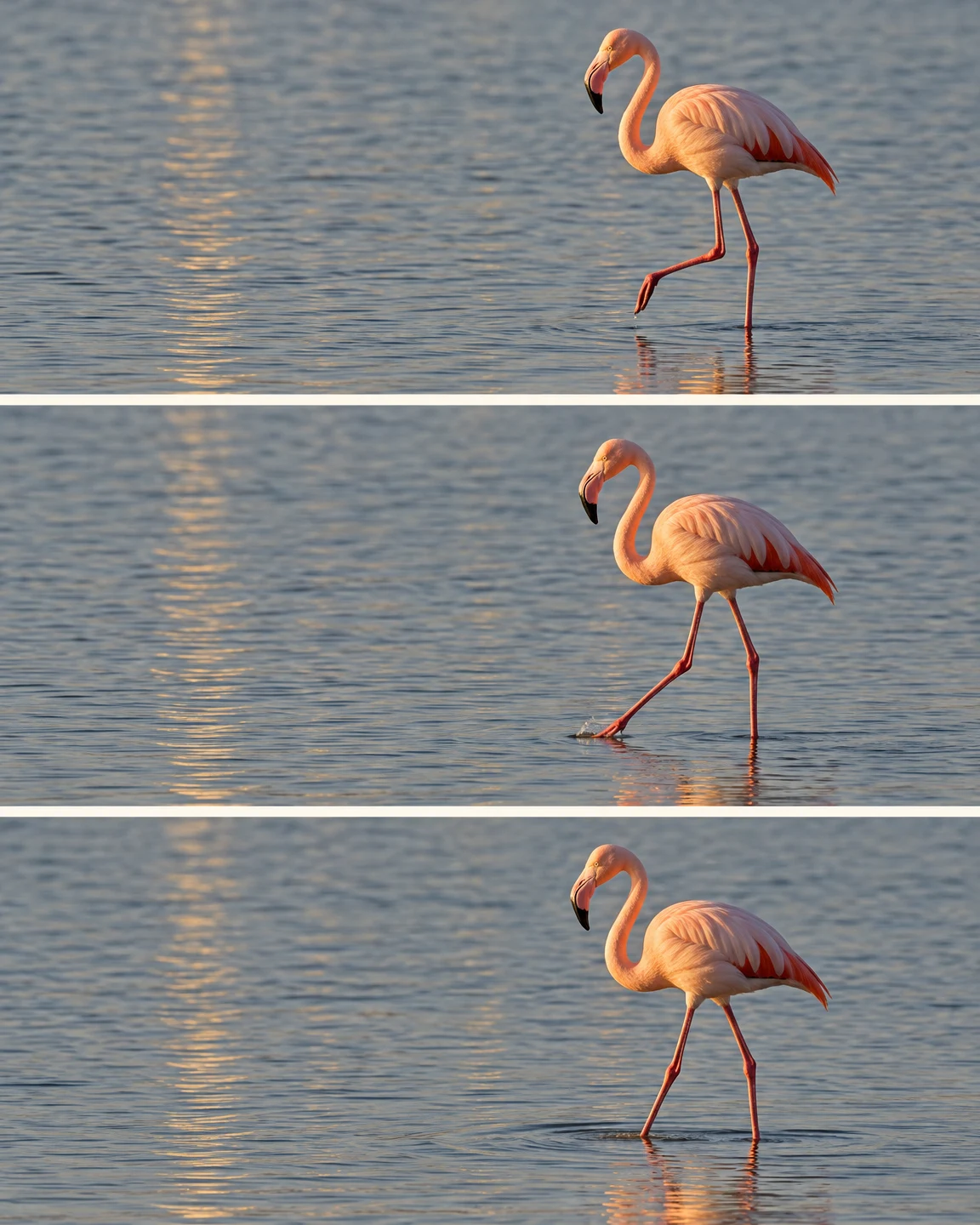 A coral-pink flamingo steps through blue-grey water in three stacked panels, lifting one foot, touching it down, then settling as ripples spread under warm low…