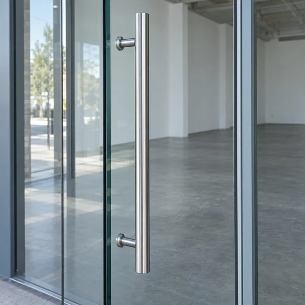 A tall stainless-steel pull handle with two round standoffs on a clear glass storefront door, with an empty white-walled commercial interior and gray concrete…
