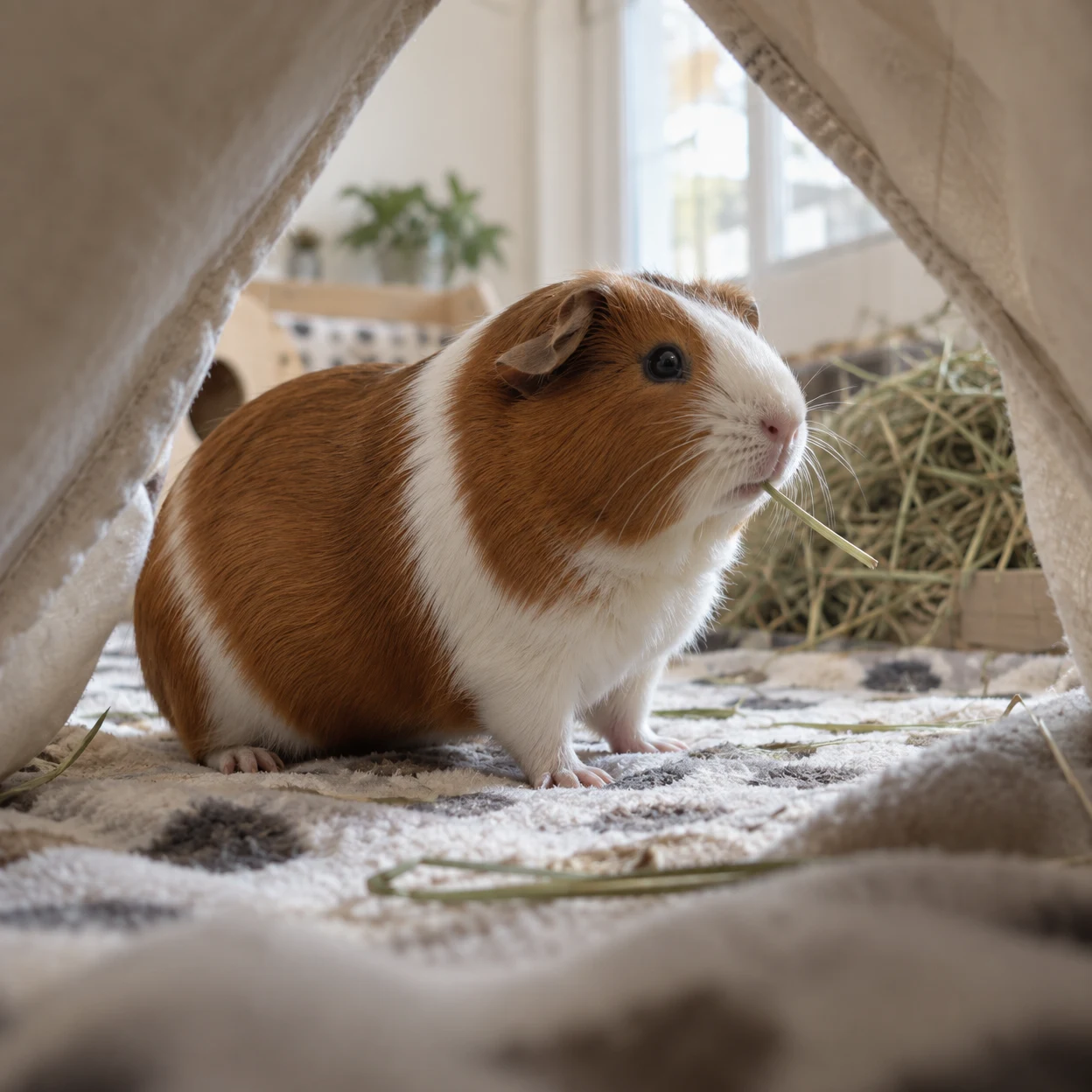 A chestnut-and-white guinea pig pauses on fleece bedding inside a cotton hideout, holding a strand of hay at its mouth; a softly blurred hay pile and bright…