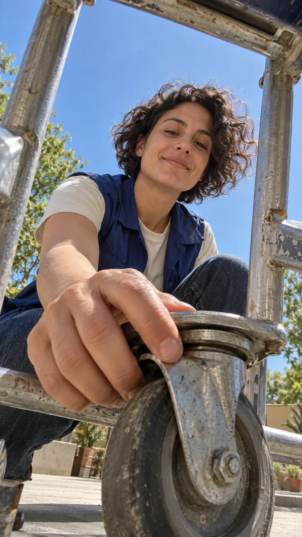 A woman in a cobalt-blue vest crouches among scuffed metal trolley rails in a sunny courtyard, reaching toward a large swivel caster beneath a clear blue sky.