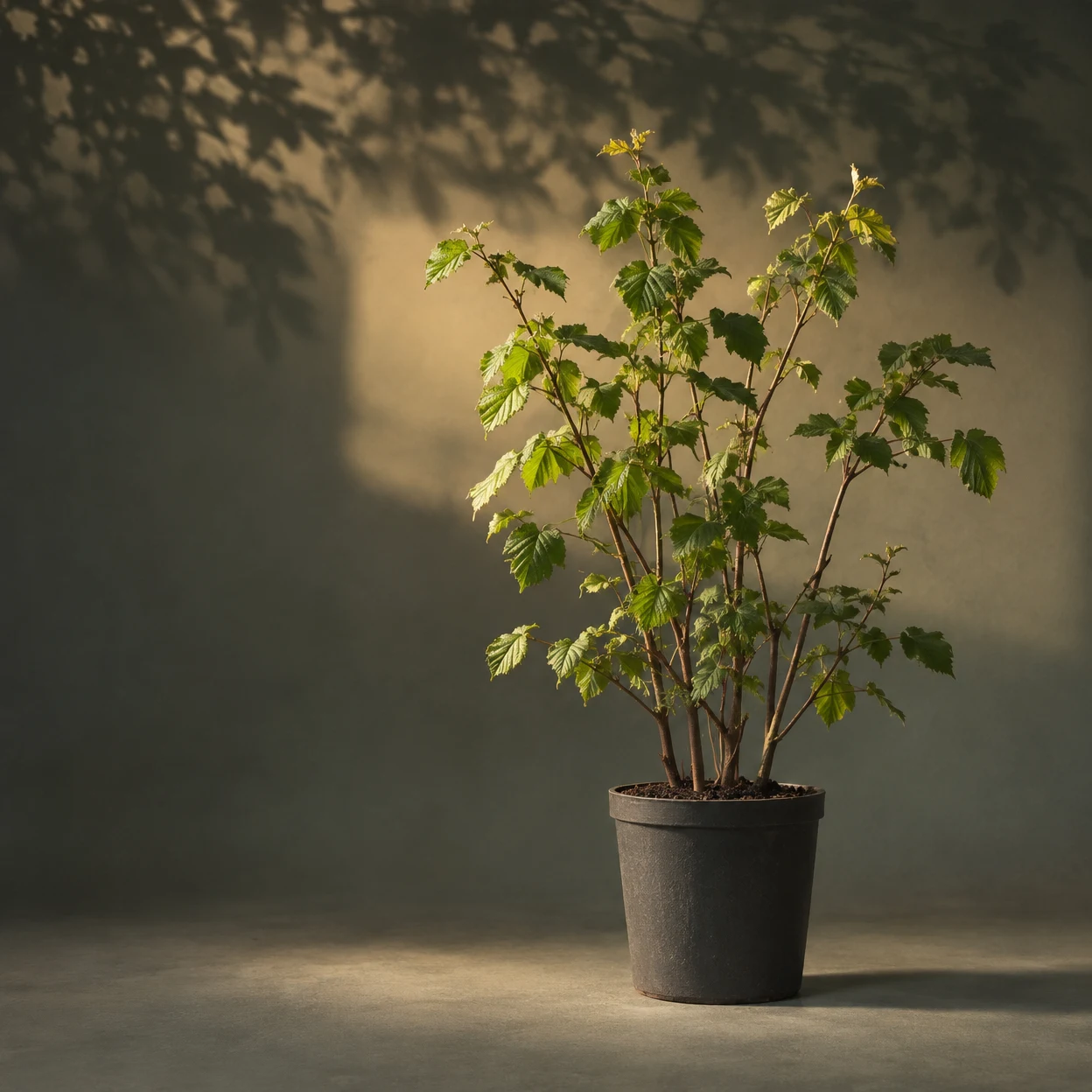 A leafy young shrub with slender woody stems stands in a dark nursery pot on a muted grey-green studio floor, lit by warm light beneath a soft canopy-shaped…
