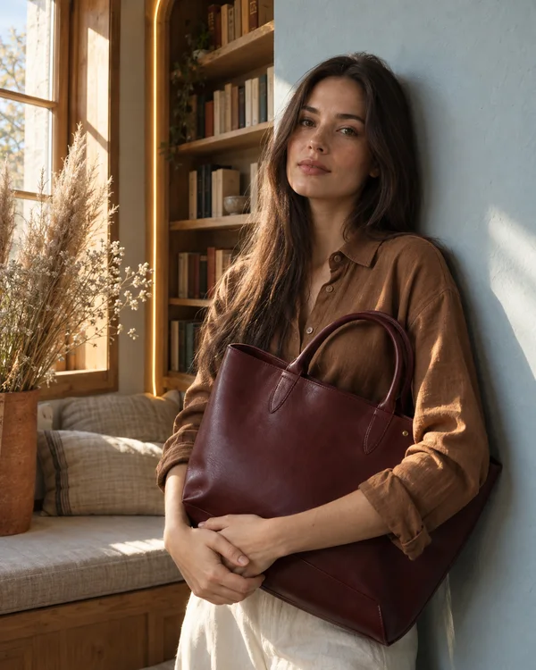 A woman with long dark-brown hair leans against a pale-blue wall in a warm library nook, holding a large burgundy leather tote.
