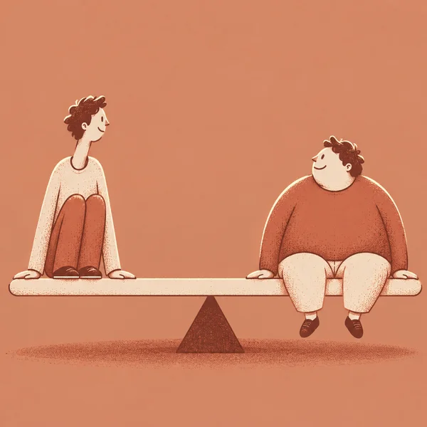 A lanky friend with knees tucked sits at the left end of a broad, nearly level seesaw, facing a rounder friend whose short legs dangle over the right side.
