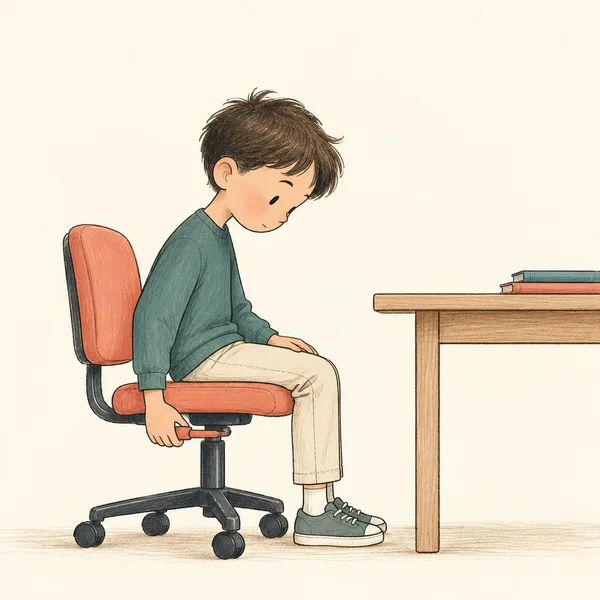 A child in a teal top and light trousers sits side-on in a coral adjustable chair, reaching beneath the seat to its lever.