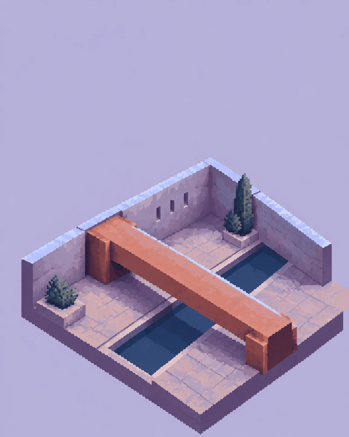 An isometric open-roof courtyard with pale stone paving, enclosing walls, two potted conifer-like shrubs and a dark blue water channel crossed diagonally by a…