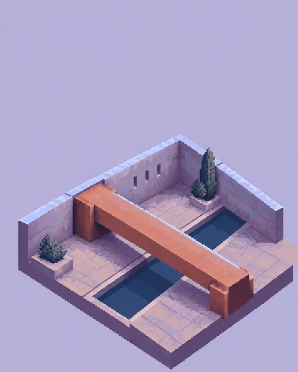 An isometric open-roof courtyard with pale stone paving, enclosing walls, two potted conifer-like shrubs and a dark blue water channel crossed diagonally by a…