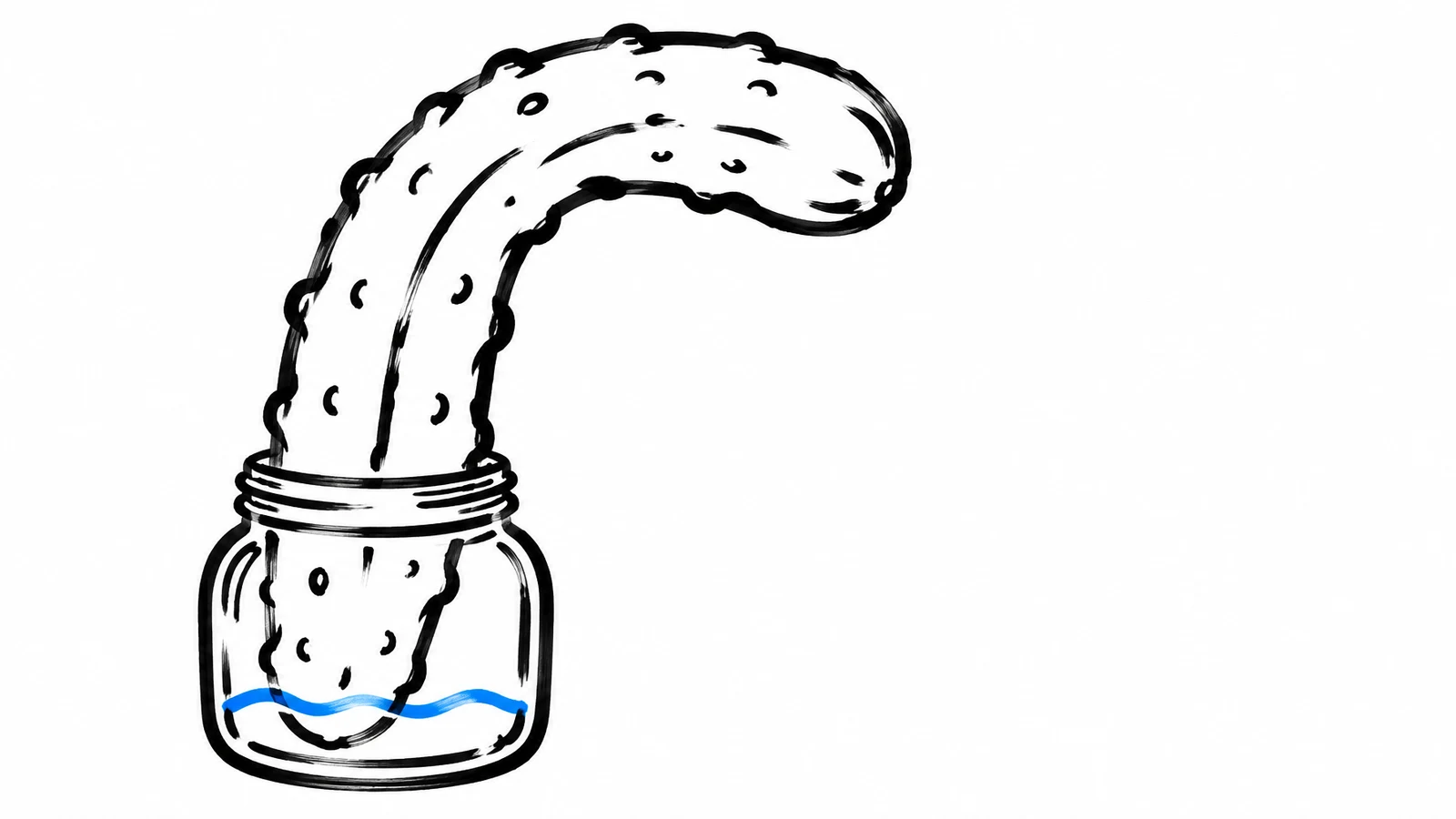 A large black-outlined pickle rises from a small glass jar and bends to the right above it; a blue wavy line marks liquid near the jar’s base, against a white…