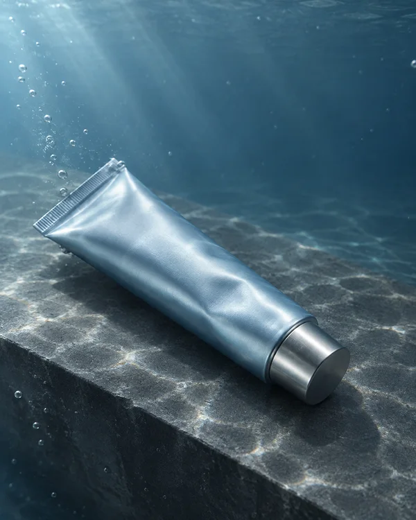 A metallic ice-blue cream tube lies diagonally on a dark, textured tabletop underwater, with its silver cap in the foreground, bubbles near the crimp, and open…