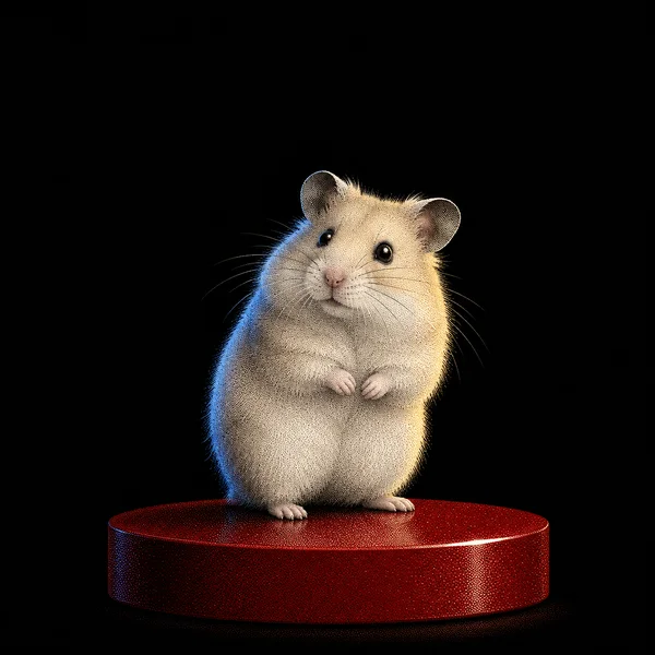 A cream-colored hamster sits upright with its forepaws together on a red circular pedestal against a black background, lit with blue along one side and warm…