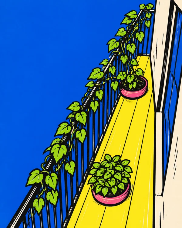 A steep overhead view along a narrow apartment balcony with two hot-pink pots of lime-green plants, a vine climbing the black railing, a bright yellow floor…