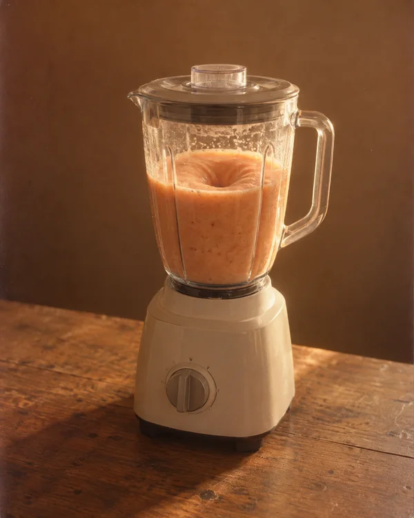 A cream-colored blender with a clear lidded jug sits on a worn wooden counter against a plain brown wall.