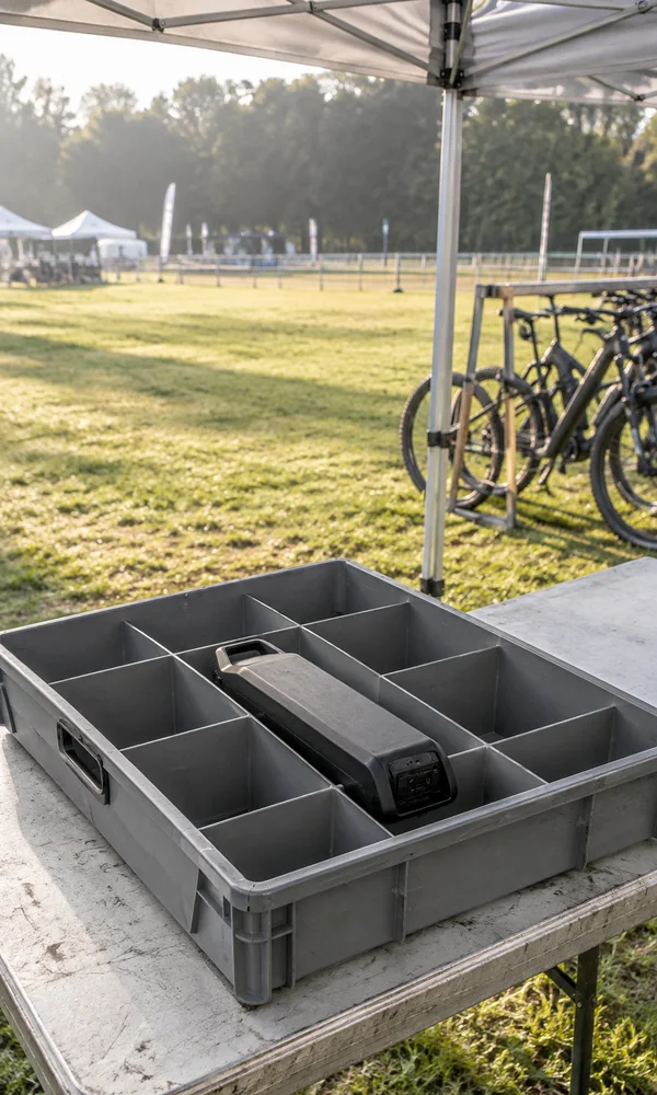 A charcoal e-bike battery rests diagonally across the compartments of a large grey tray on a weathered table beneath an outdoor canopy, with bicycles and…