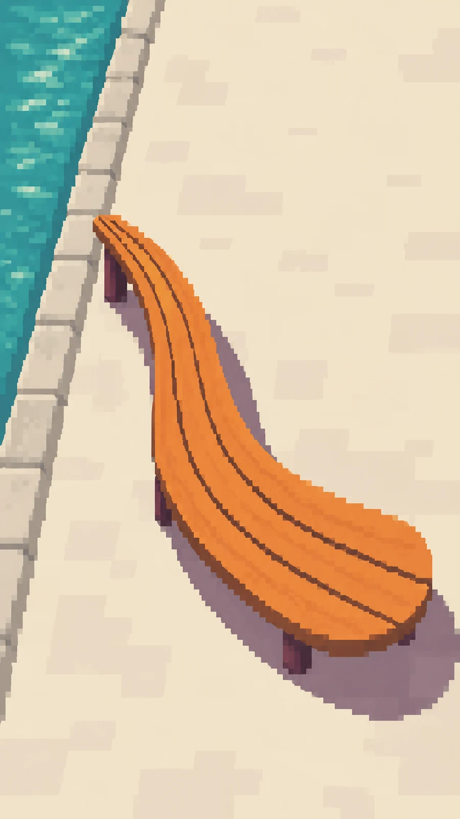 An orange curved wooden bench with three dark plank divisions and short feet sits on cream pavement beside a turquoise canal and stone coping, casting a plum…