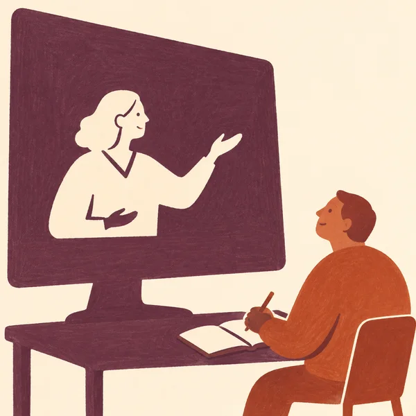 A rust-coloured learner sits at a plum desk, holding a pencil over an open blank notebook while looking up at a large plum monitor showing a cream-coloured…