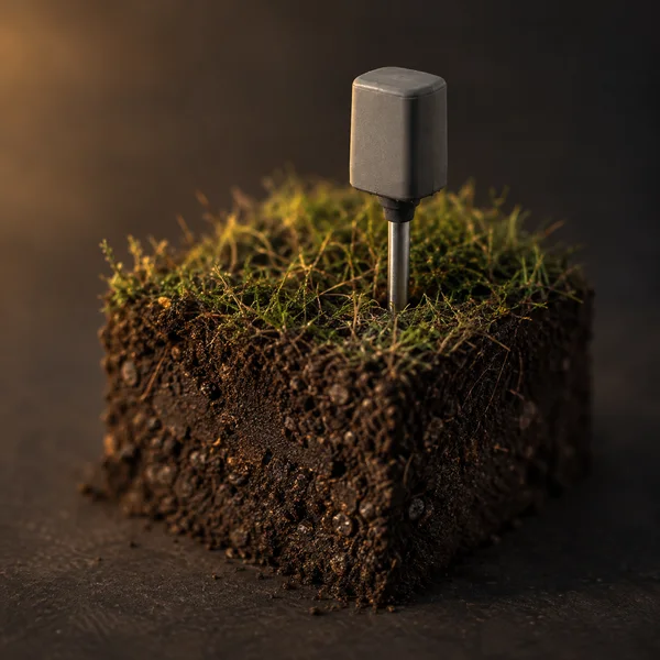 A matte-gray soil-monitoring sensor with a metal probe stands in a grass-topped block of dark earth on a charcoal surface, lit by warm amber light against a…