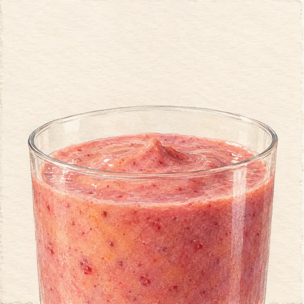 A close view of a clear tumbler filled with pink and peach smoothie, with a small crest on its surface, against warm cream textured paper.