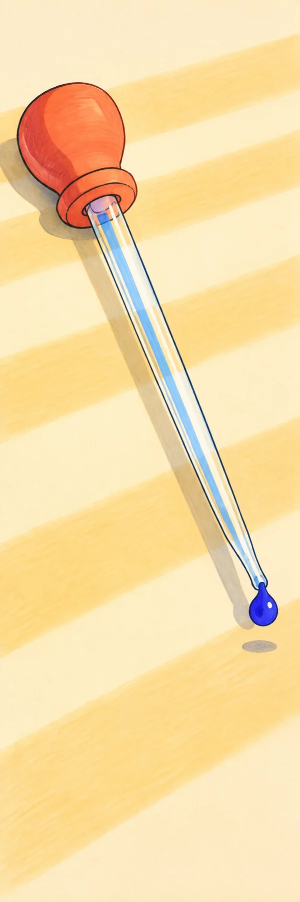 A coral-bulbed glass pipette lies diagonally across a cream tabletop crossed by broad golden bands of sunlight, with a cobalt-blue bead hanging from its tip…