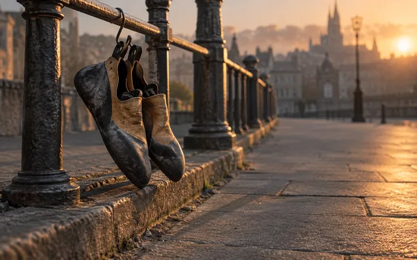 A worn pair of ochre and black technical climbing shoes hangs from a hook on a weathered street railing above a stone pavement, lit by low amber sunlight.