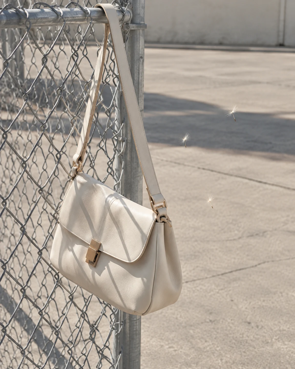 An ivory leather shoulder bag hangs from the top rail of a galvanized wire fence beside a sunlit paved courtyard.