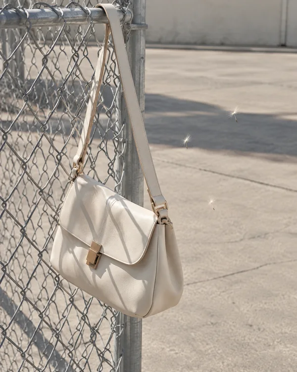 An ivory leather shoulder bag hangs from the top rail of a galvanized wire fence beside a sunlit paved courtyard.