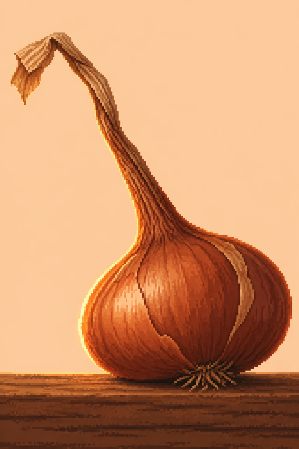 A large copper-brown onion with a long bent dried neck and papery tip rests on a dark timber ledge against a pale peach background, with bright amber light…