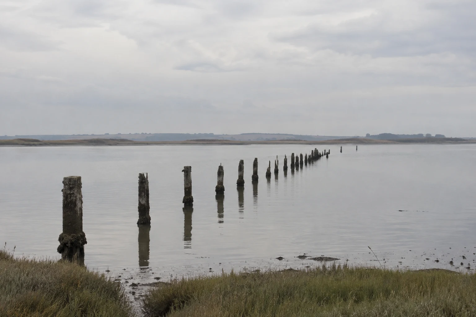 A diagonal row of dark, weathered wooden posts crosses a still grey estuary toward a low, hazy shore beneath a broad overcast sky.