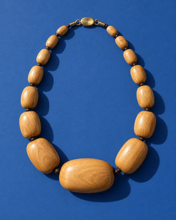 A complete oval necklace with graduated honey-colored wooden beads and a brass-toned clasp lies on a blue surface, casting crisp shadows to the lower right.
