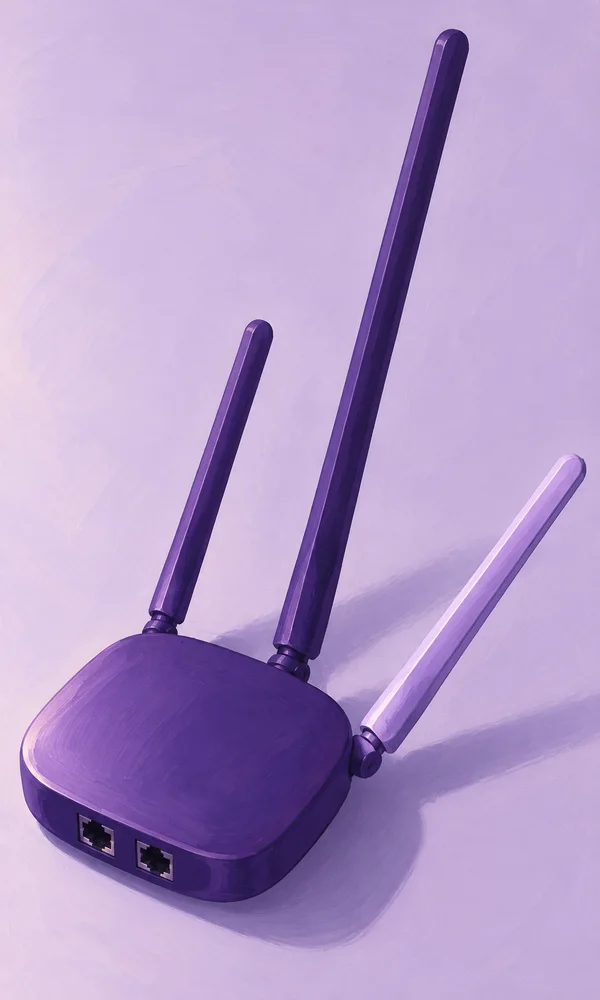 An overhead illustration of a deep violet wireless router on a pale violet tabletop, with three long hinged antennas—two dark violet and one lavender—and two…