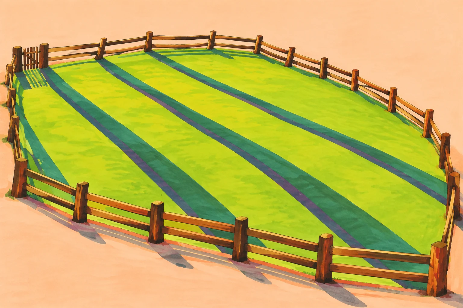 A broad lime-green grassy parcel is enclosed by a low, irregular timber fence, with a narrow gate at the far-left entrance.