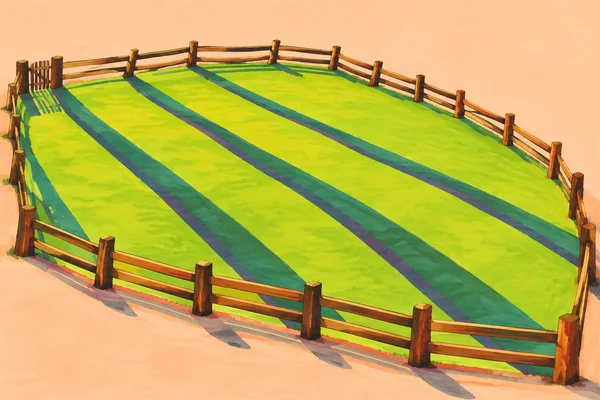 A broad lime-green grassy parcel is enclosed by a low, irregular timber fence, with a narrow gate at the far-left entrance.