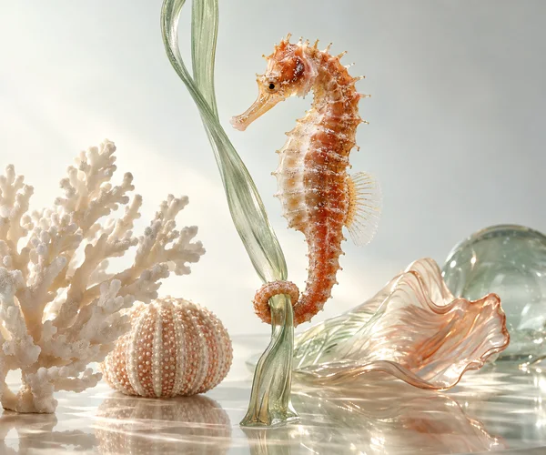 A glossy orange seahorse curls its tail around a translucent green stalk on a reflective pale surface, surrounded by ivory coral, a rounded shell, and glassy…
