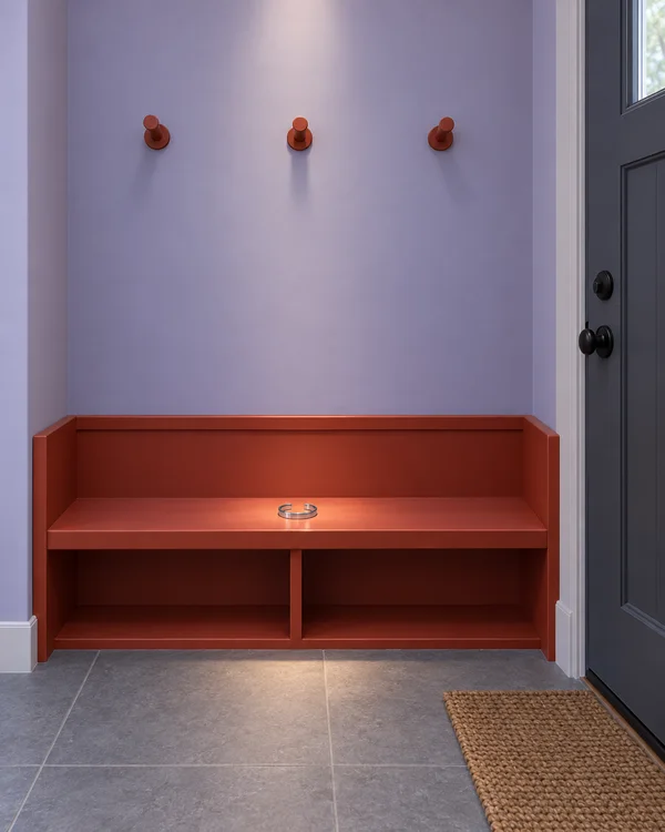 A small open silver cuff sits in the center of a vermilion built-in bench in a pale lavender mudroom, beneath three rust-colored pegs; a dark entry door and…