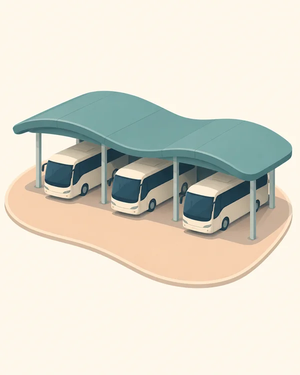 An elevated three-quarter illustration of three cream-colored buses parked side by side beneath a broad, undulating teal canopy, on a pale apricot forecourt…