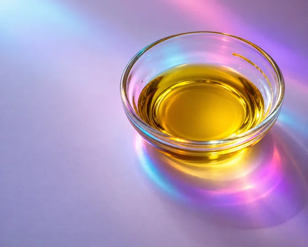 A clear glass bowl holding golden oil sits on a pale lavender tabletop, surrounded by cyan, pink and violet reflections, with open space on the left.