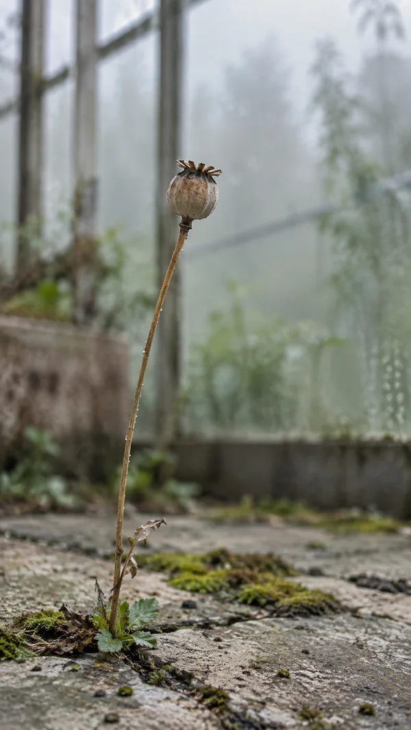 A dried poppy seed capsule on a long, bowed stem rises from moss and small leaves growing through cracked concrete inside a greenhouse.