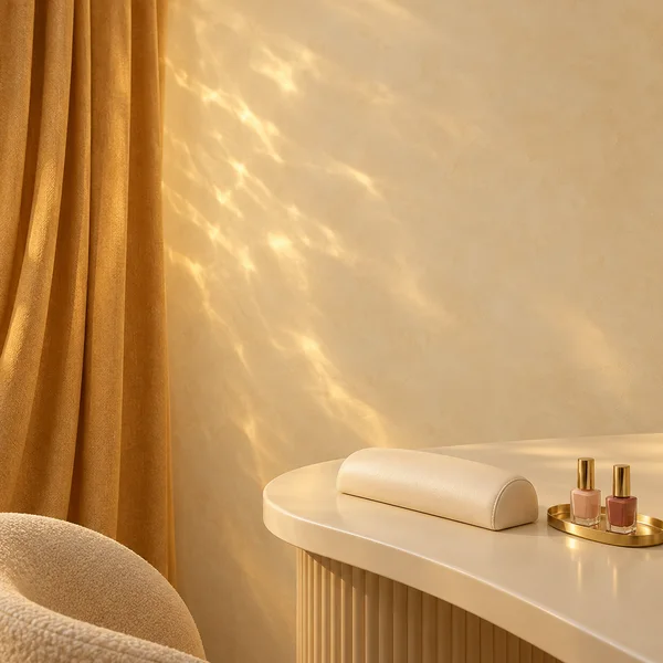 A warmly lit manicure nook with an ochre curtain along the left, a curved cream counter on the right, an ivory hand rest, and two nail-polish bottles on a gold…