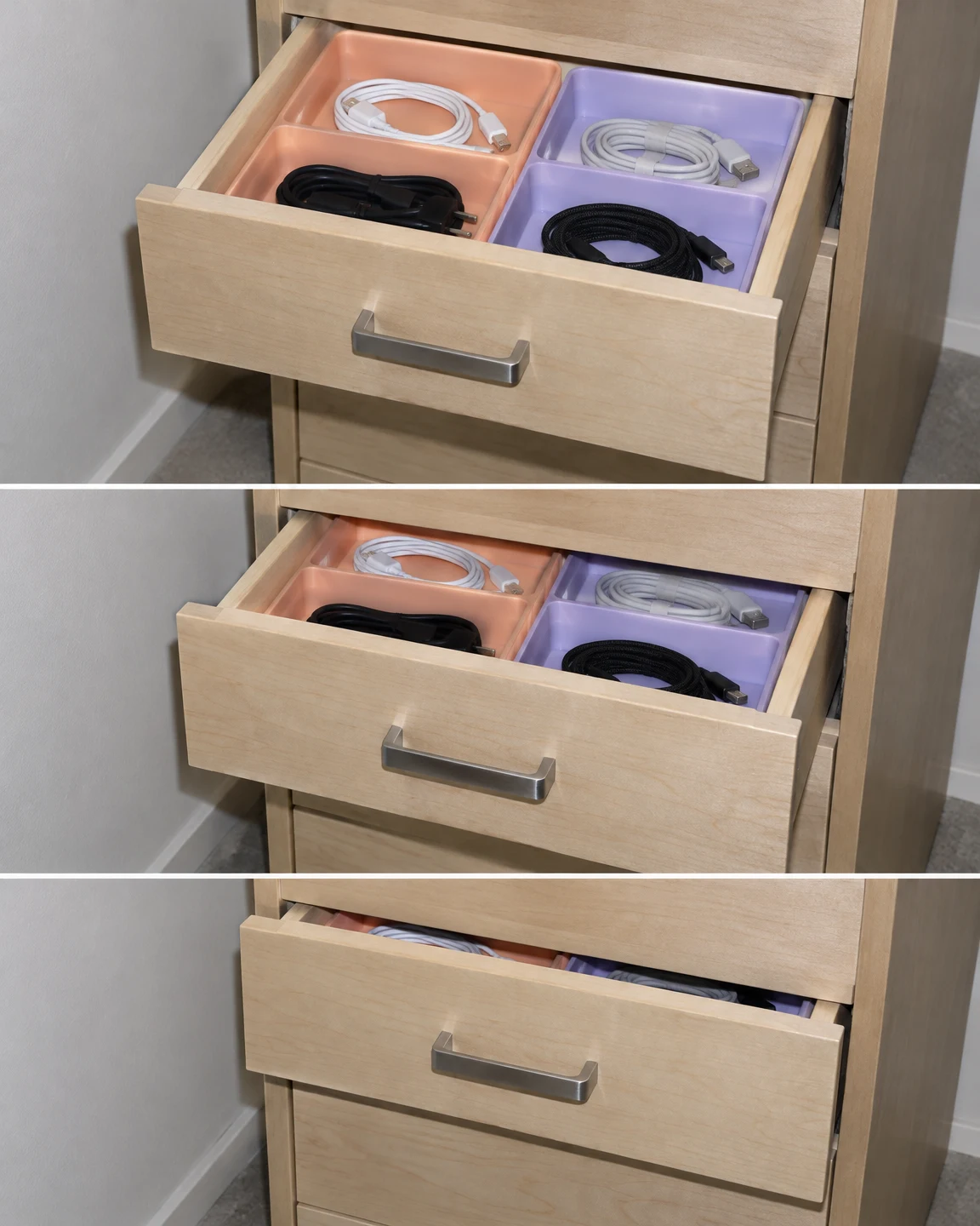 Three horizontal panels show a pale-wood utility drawer with melon and lilac plastic organisers holding coiled white and black cables, progressing from open to…