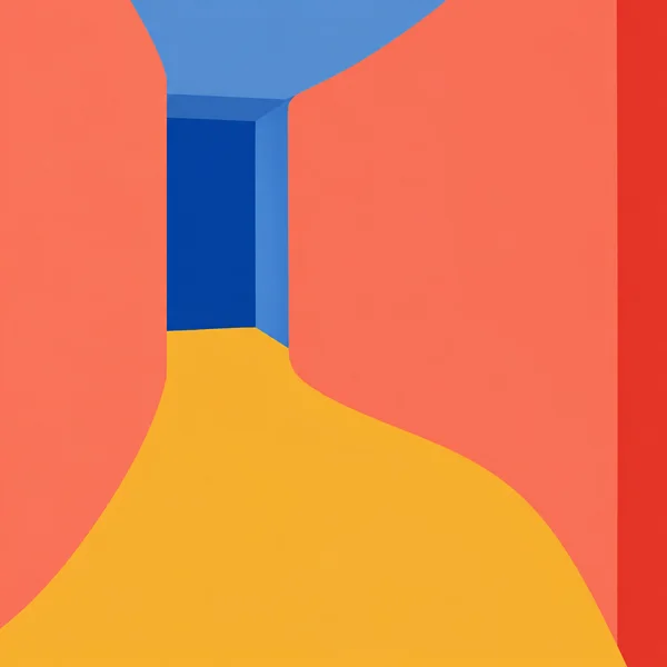 An abstract hallway with broad coral walls, a golden-yellow floor, and a deep blue recess beneath a blue ceiling; a narrow vermilion strip runs along the right…