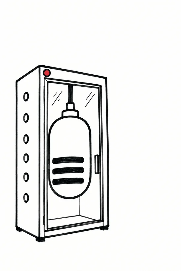 A black marker-style illustration of a tall recording booth with a large hanging microphone behind its glazed door, six circular side-panel perforations and a…
