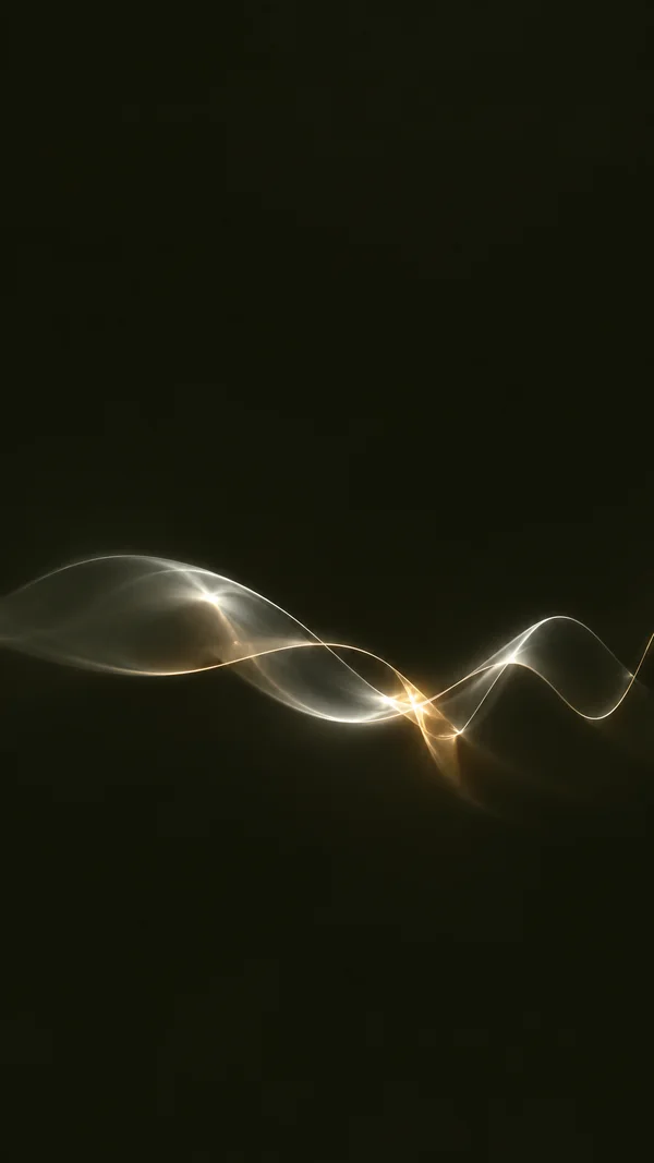 A flowing formation of pale silver and amber light traces crosses a deep olive-black field below center, meeting in a bright knot slightly right of the middle.