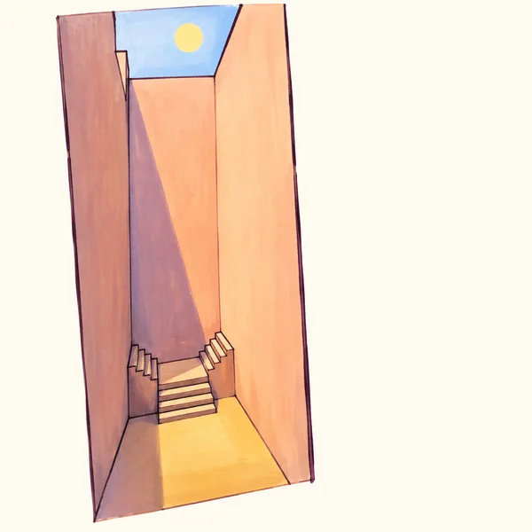 A marker-style illustration looks down into a tall peach-walled light well open to blue sky, with a yellow sun above a small golden floor and a squat staircase…