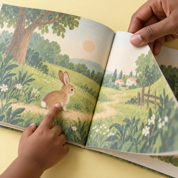 An open picture book rests on a pale yellow tabletop, showing a rabbit on a meadow path.