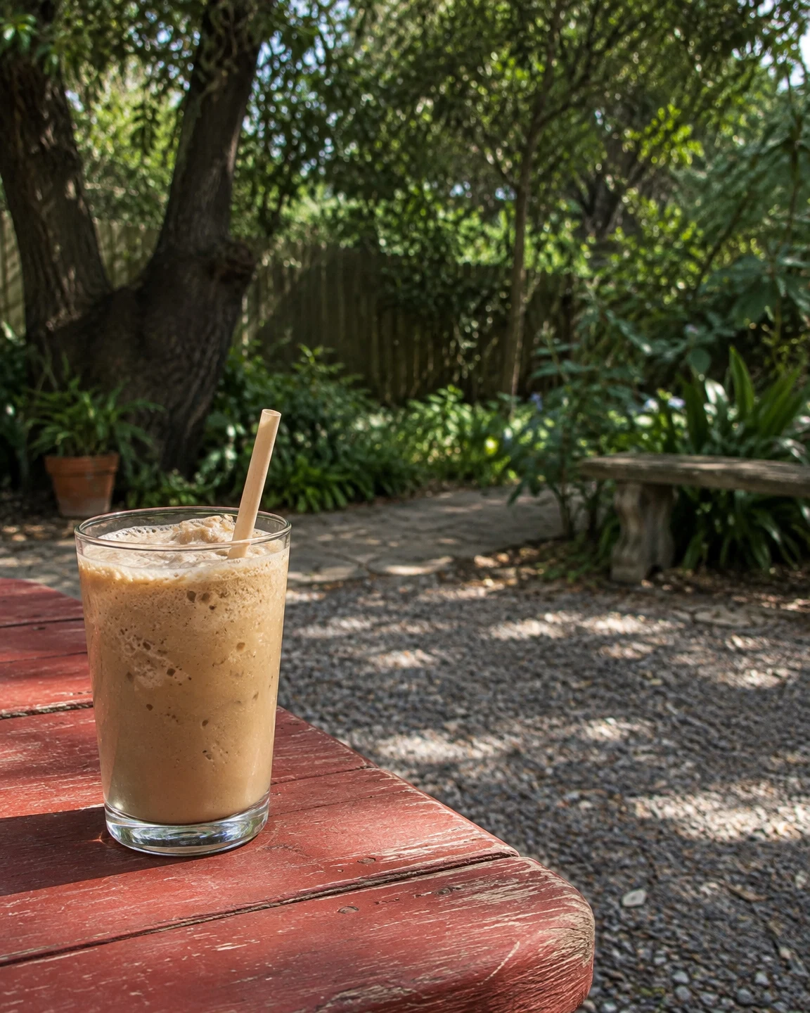 A clear tumbler of pale brown iced coffee with a frothy surface and a plain tan straw sits on a worn red picnic table in a leafy garden.