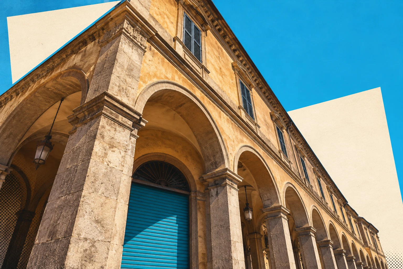 A low-angle view of a warm ochre stone arcade with repeating arches and a closed cyan shutter, set against a saturated blue sky and two cream geometric panels.