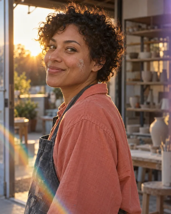 A short-curled adult in a coral shirt and dark, clay-marked apron looks back toward the camera in a sunlit pottery studio doorway.