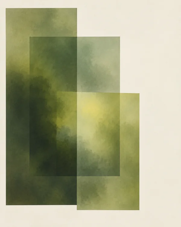 Three overlapping translucent rectangular forms in olive, moss green, and citron sit on a warm ivory field, with softly clouded color and crisp edges.